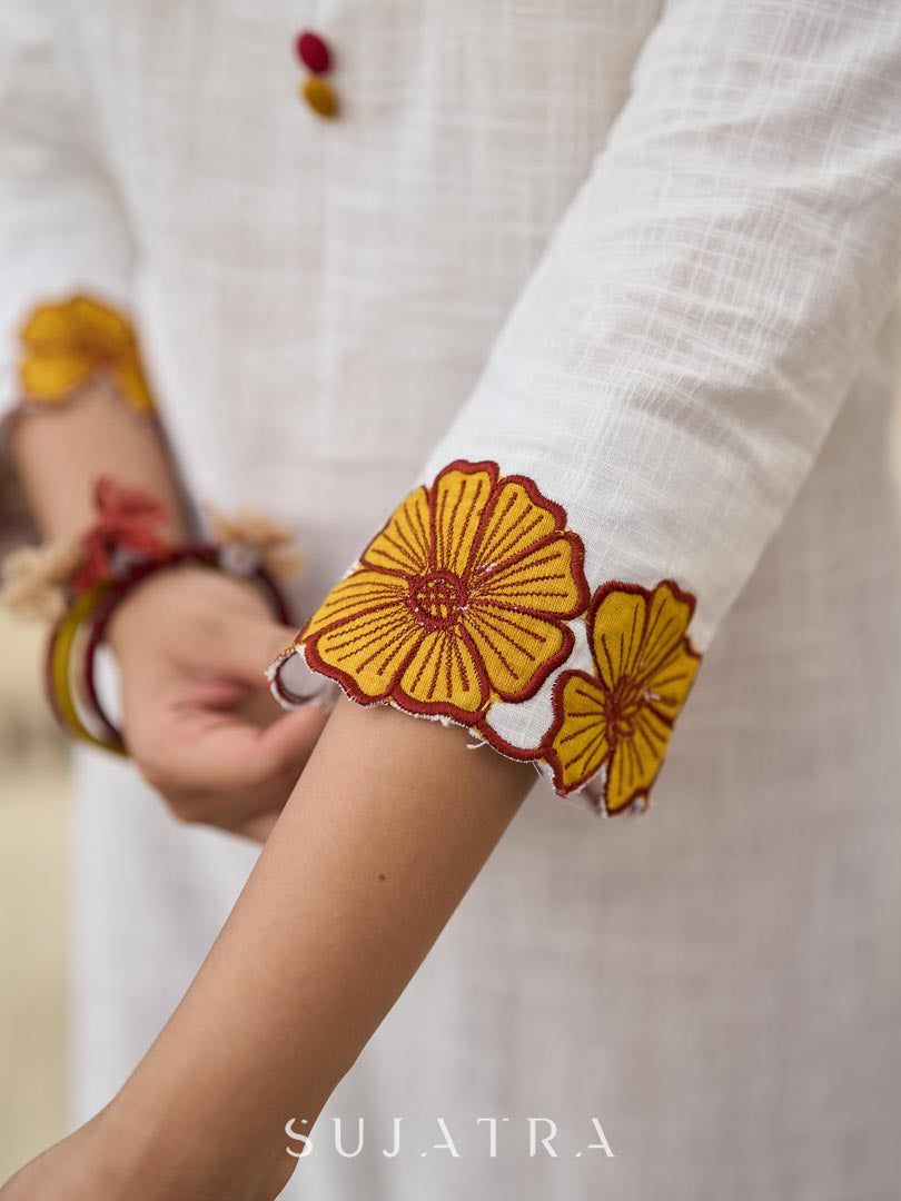 Graceful Ivory Kurta Featuring Statement Mustard Appliqué Florals on Hem & Cuffs - Pant Optional