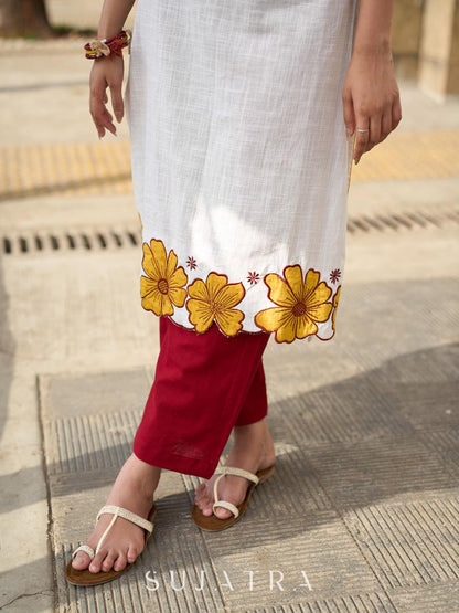 Graceful Ivory Kurta Featuring Statement Mustard Appliqué Florals on Hem & Cuffs