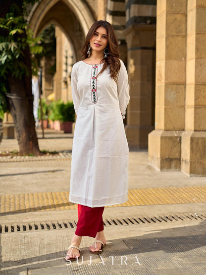 Breezy White Self-Stripe Cotton Kurta with Hand-Embroidered Floral Placket & Sleeves