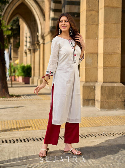 Breezy White Self-Stripe Cotton Kurta with Hand-Embroidered Floral Placket & Sleeves