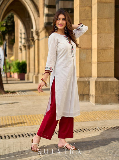 Breezy White Self-Stripe Cotton Kurta with Hand-Embroidered Floral Placket & Sleeves