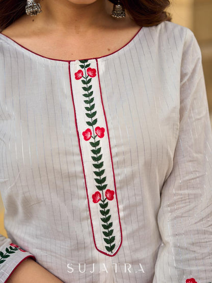 Breezy White Self-Stripe Cotton Kurta with Hand-Embroidered Floral Placket & Sleeves