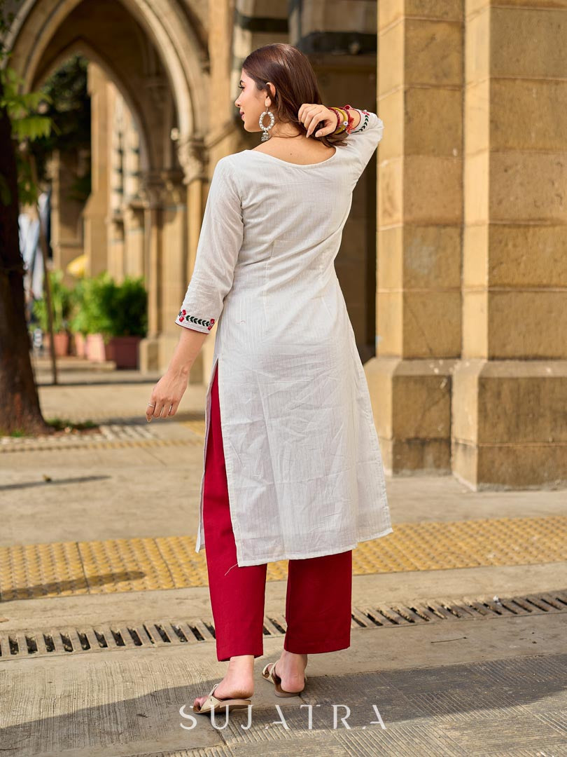 Breezy White Self-Stripe Cotton Kurta with Hand-Embroidered Floral Placket & Sleeves
