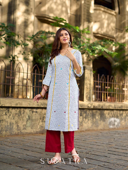 Classic White Ikat Cotton Kurta with Multicolor Butti & Contrast Yellow Highlight