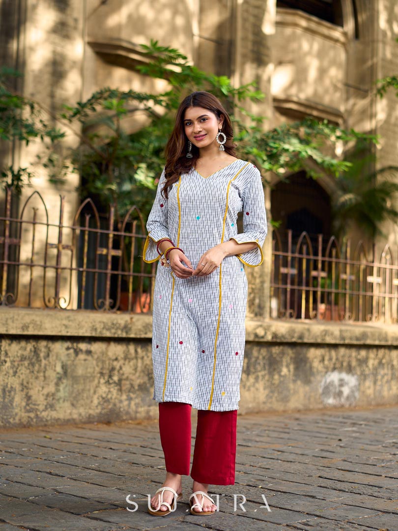 Classic White Ikat Cotton Kurta with Multicolor Butti & Contrast Yellow Highlight