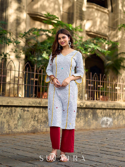 Classic White Ikat Cotton Kurta with Multicolor Butti & Contrast Yellow Highlight