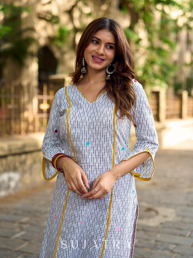 Classic White Ikat Cotton Kurta with Multicolor Butti & Contrast Yellow Highlight