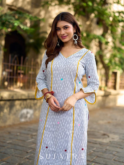 Classic White Ikat Cotton Kurta with Multicolor Butti & Contrast Yellow Highlight