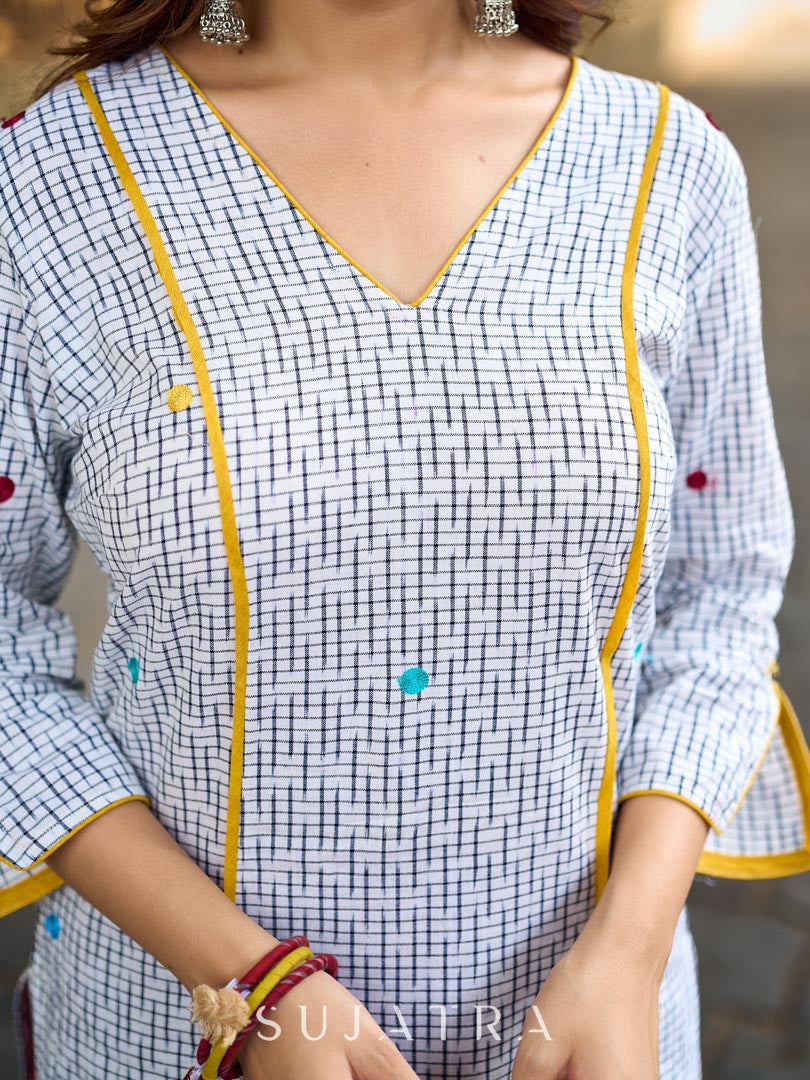 Classic White Ikat Cotton Kurta with Multicolor Butti & Contrast Yellow Highlight