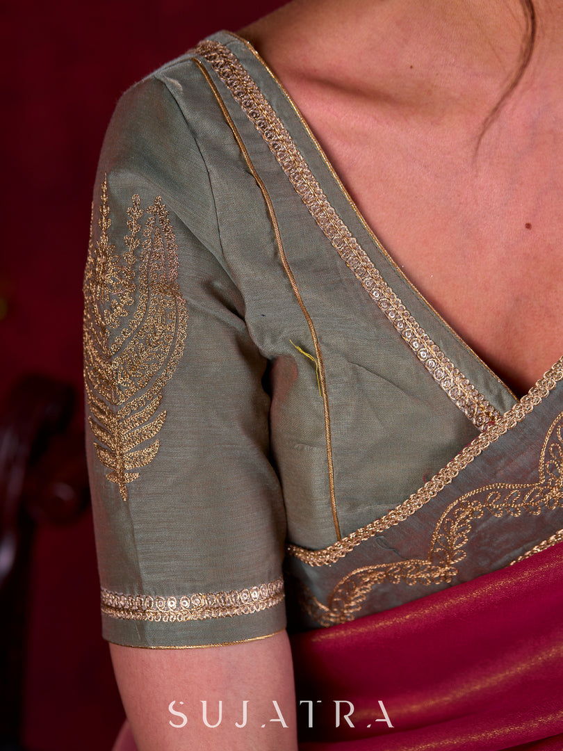 Soft Sage Chanderi Blouse with Artisanal Embroidered Sleeves and Princess Cut Design