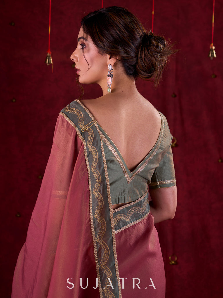 Soft Sage Chanderi Blouse with Artisanal Embroidered Sleeves and Princess Cut Design