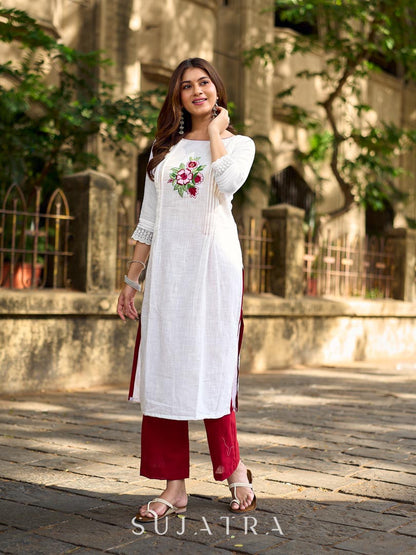 Ethereal White Cotton Kurta with Floral Embroidery & Structured Front Pleats