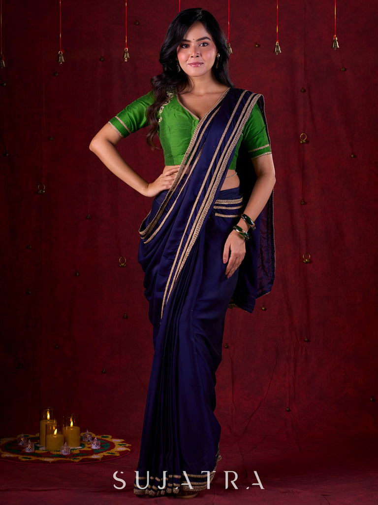 Royal Navy Silk Blend Ready To Wear Saree Adorned with Subtle Golden Lace