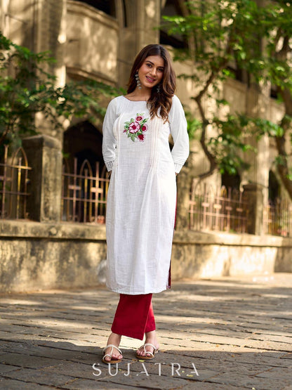Ethereal White Cotton Kurta with Floral Embroidery & Structured Front Pleats