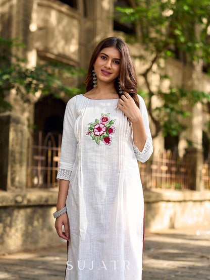 Ethereal White Cotton Kurta with Floral Embroidery & Structured Front Pleats