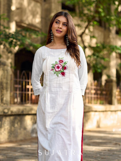 Ethereal White Cotton Kurta with Floral Embroidery & Structured Front Pleats