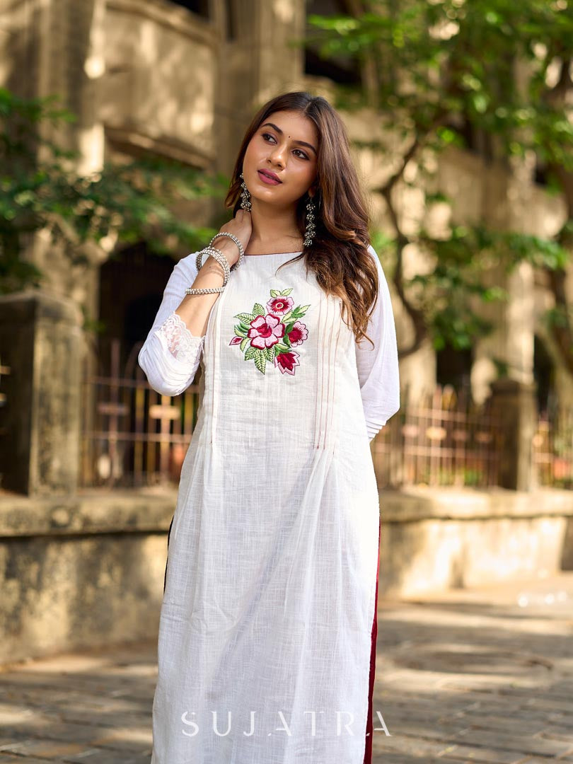 Ethereal White Cotton Kurta with Floral Embroidery & Structured Front Pleats