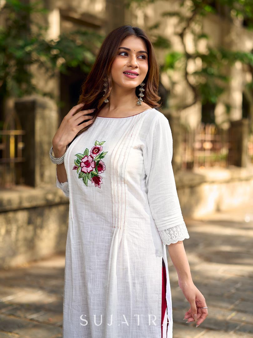 Ethereal White Cotton Kurta with Floral Embroidery & Structured Front Pleats