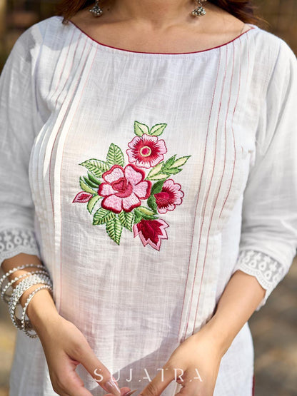 Ethereal White Cotton Kurta with Floral Embroidery & Structured Front Pleats