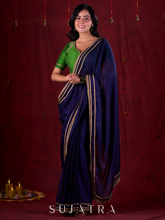 Royal Navy Silk Blend Ready To Wear Saree Adorned with Subtle Golden Lace