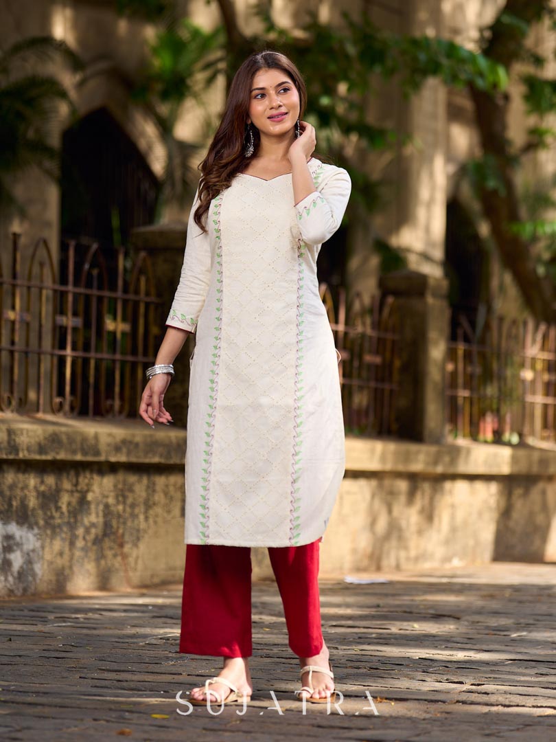 Simple White Cotton Kurta with Hakoba Panel & Hand Painted Border