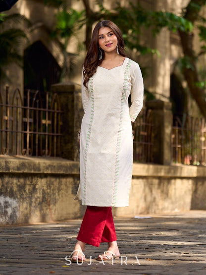 Simple White Cotton Kurta with Hakoba Panel & Hand Painted Border