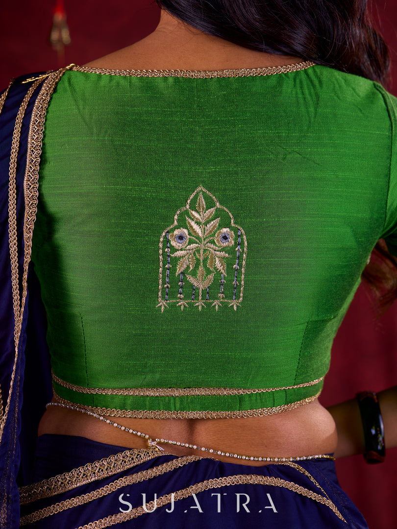 Royal Navy Silk Blend Ready To Wear Saree Adorned with Subtle Golden Lace - Blouse & Fabric Optional