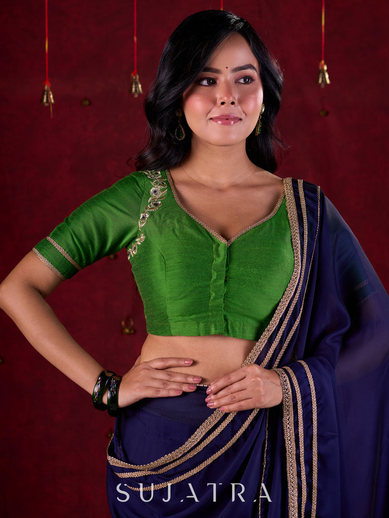 Royal Navy Silk Blend Ready To Wear Saree Adorned with Subtle Golden Lace