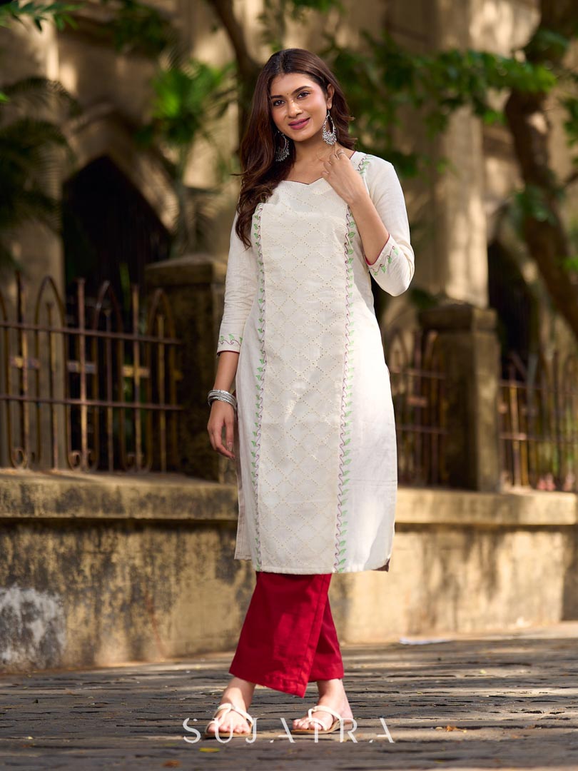 Simple White Cotton Kurta with Hakoba Panel & Hand Painted Border