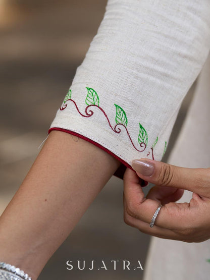 Simple White Cotton Kurta with Hakoba Panel & Hand Painted Border