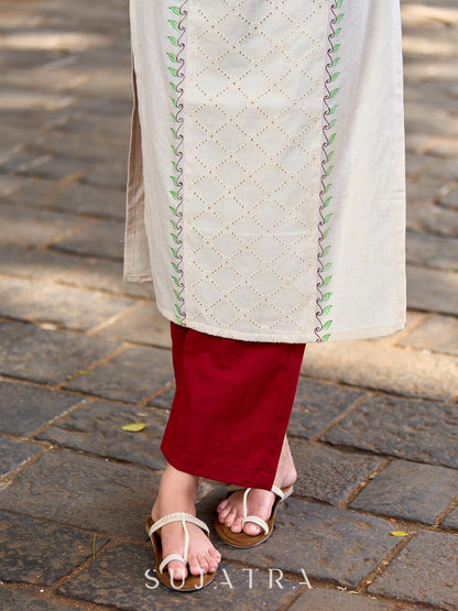 Simple White Cotton Kurta with Hakoba Panel & Hand Painted Border