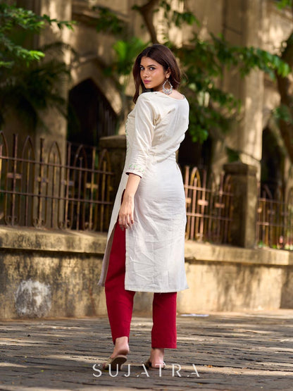 Simple White Cotton Kurta with Hakoba Panel & Hand Painted Border