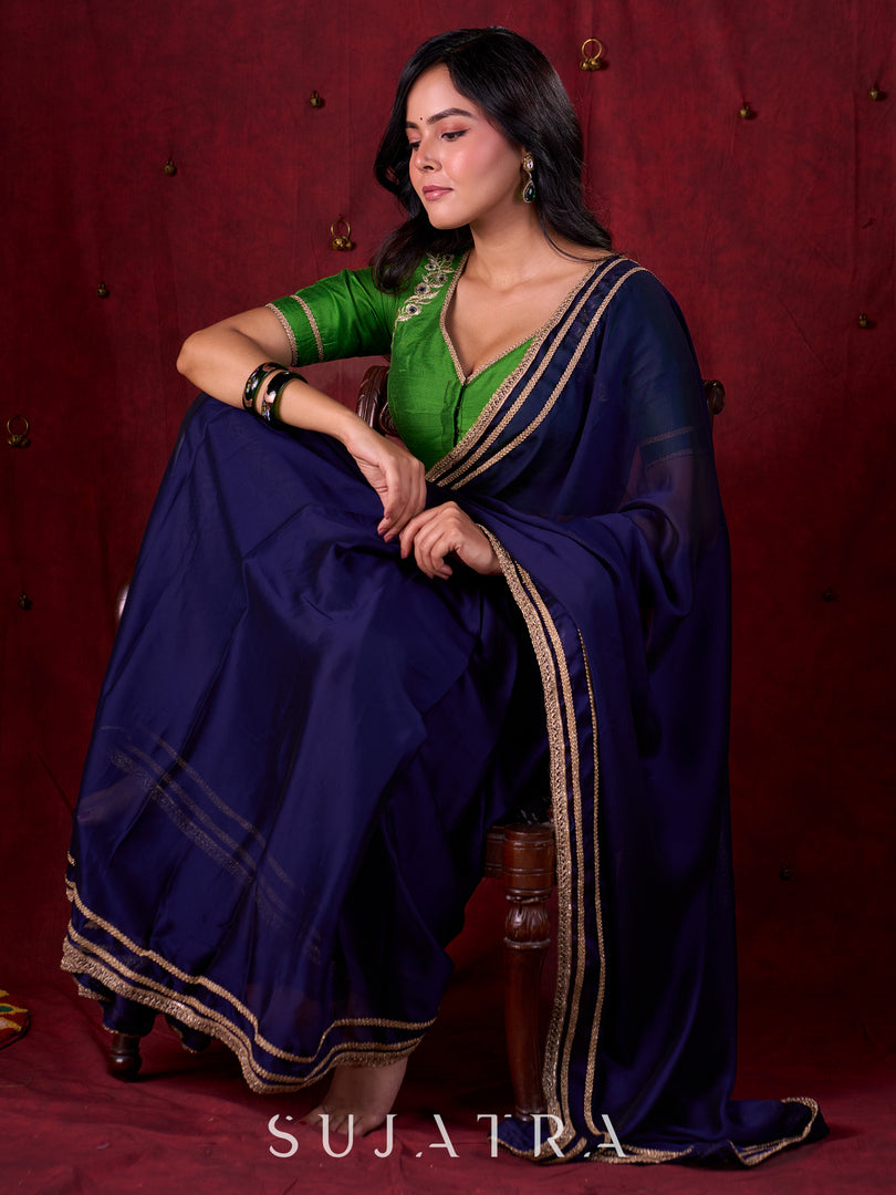 Royal Navy Silk Blend Ready To Wear Saree Adorned with Subtle Golden Lace