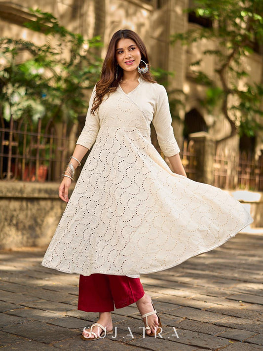 Classic Off-White Schiffli Embroidered Anarkali Kurta with Mirror Lace Trim