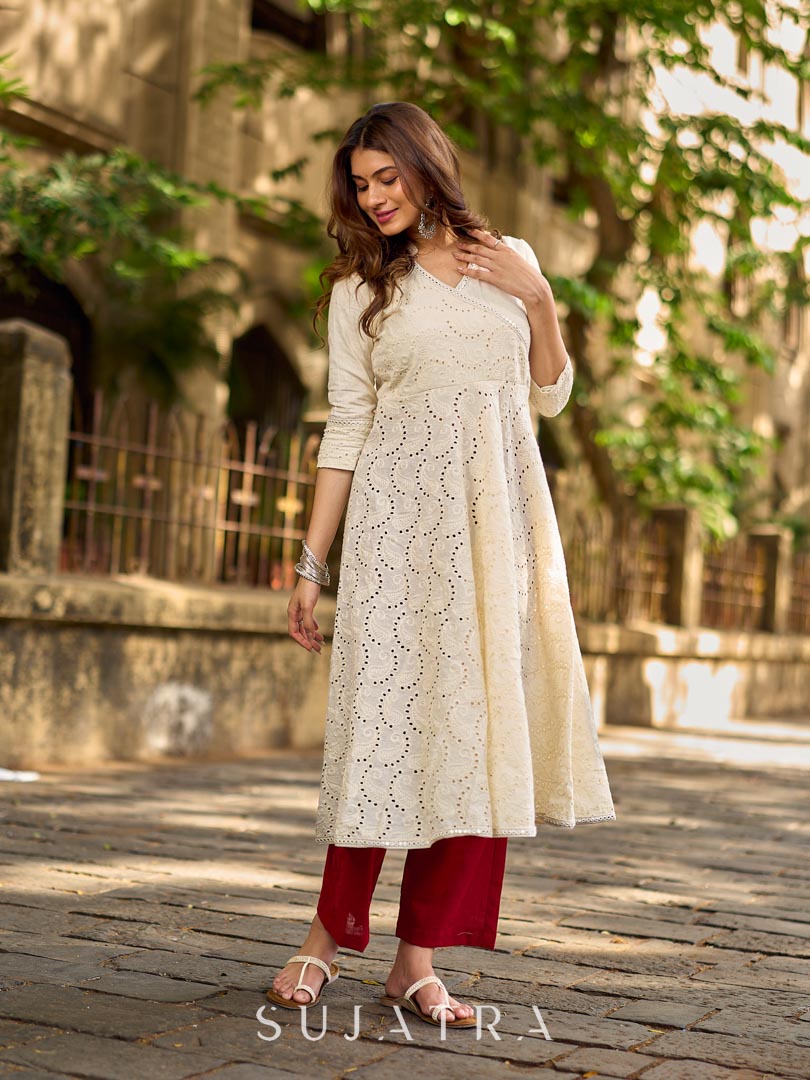 Classic Off-White Schiffli Embroidered Anarkali Kurta with Mirror Lace Trim