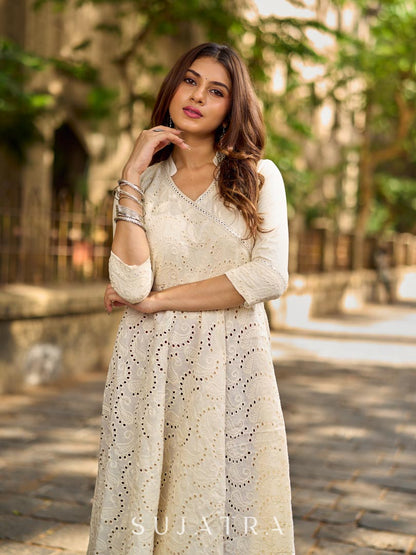 Classic Off-White Schiffli Embroidered Anarkali Kurta with Mirror Lace Trim