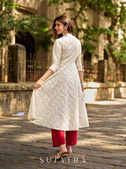 Classic Off-White Schiffli Embroidered Anarkali Kurta with Mirror Lace Trim