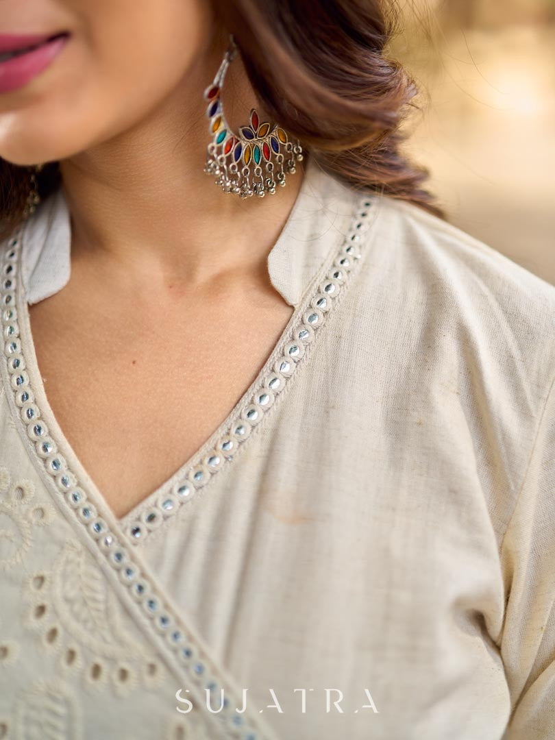 Classic Off-White Schiffli Embroidered Anarkali Kurta with Mirror Lace Trim
