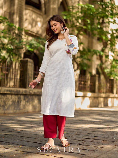 Pure White Cotton Straight Kurta with Minimal Hand Painted Gond Art Birds