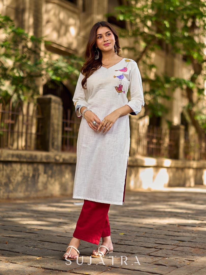 Pure White Cotton Straight Kurta with Minimal Hand Painted Gond Art Birds
