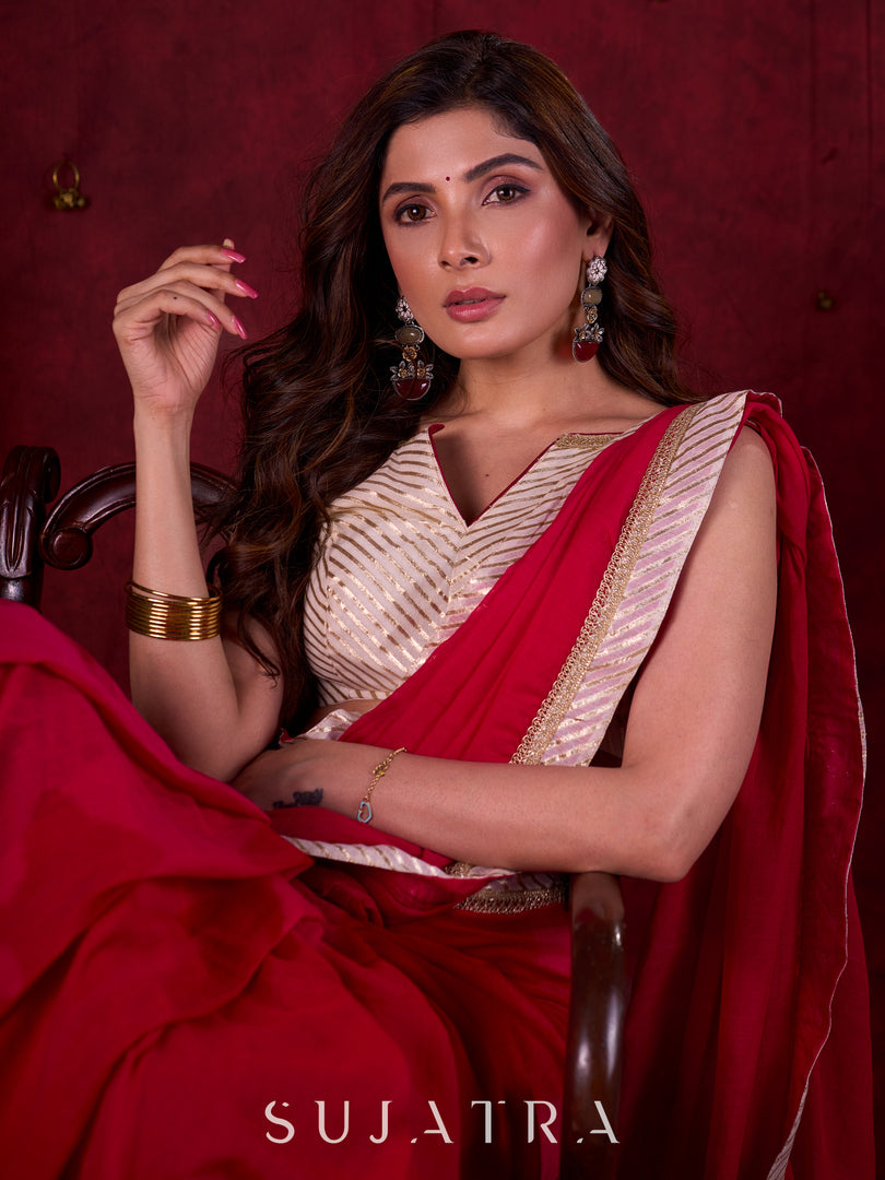Luxe Off White Brocade Blouse with Stripes and Contrasting Maroon Highlights