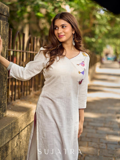 Pure White Cotton Straight Kurta with Minimal Hand Painted Gond Art Birds