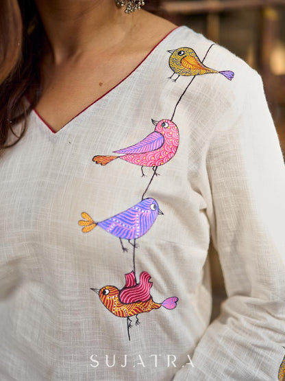 Pure White Cotton Straight Kurta with Minimal Hand Painted Gond Art Birds