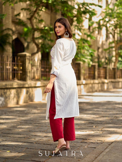 Pure White Cotton Straight Kurta with Minimal Hand Painted Gond Art Birds