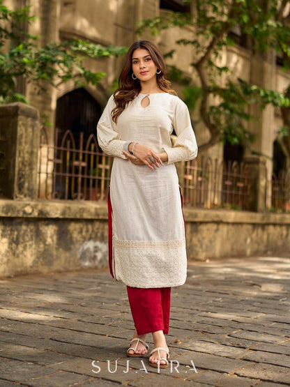 Simple Ivory Straight Kurta with Delicate Schiffli Hem Border & Gold Lace Detail