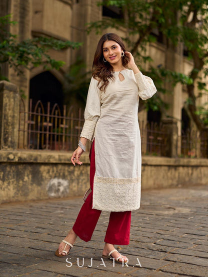 Simple Ivory Straight Kurta with Delicate Schiffli Hem Border & Gold Lace Detail