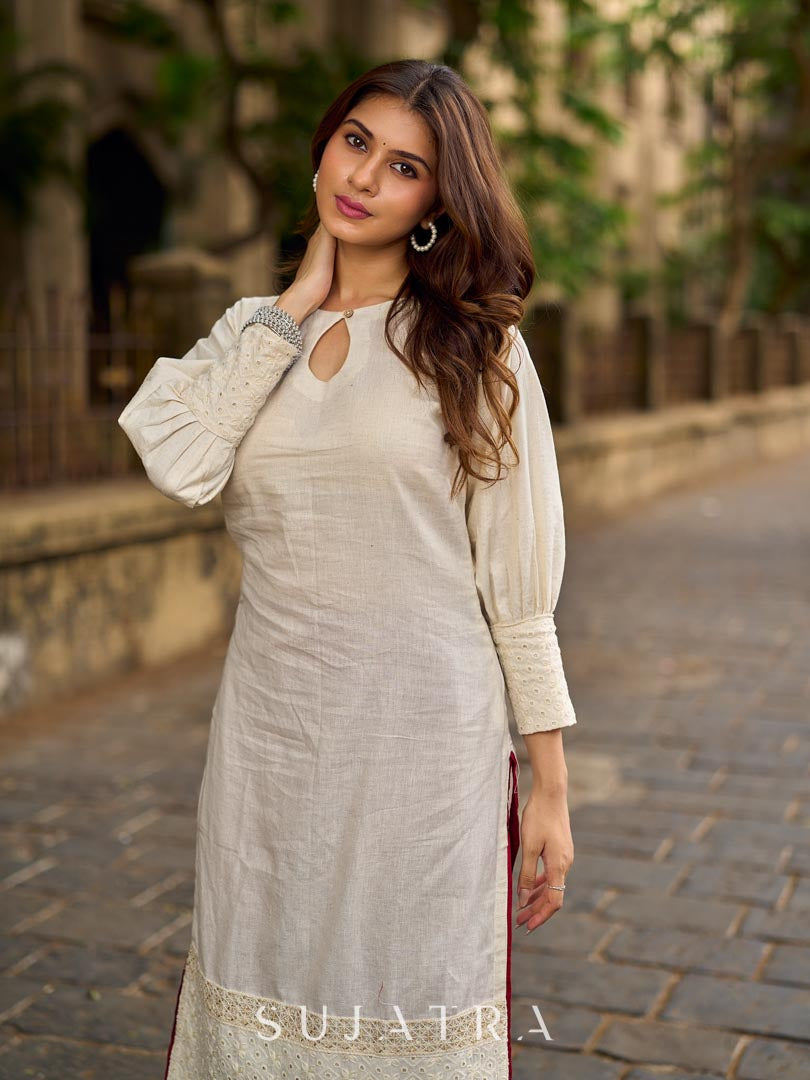 Simple Ivory Straight Kurta with Delicate Schiffli Hem Border & Gold Lace Detail