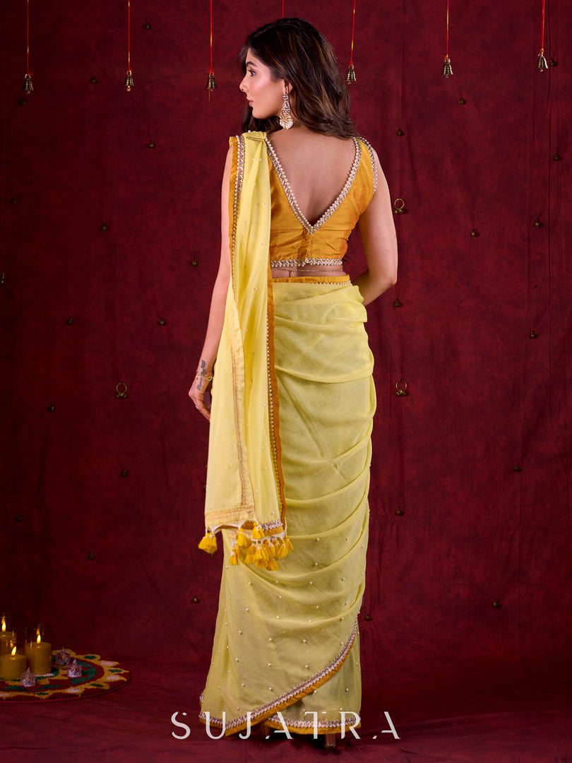 Minimalist Mustard Cotton Silk Sleeveless Blouse with Pearl Lace Accents