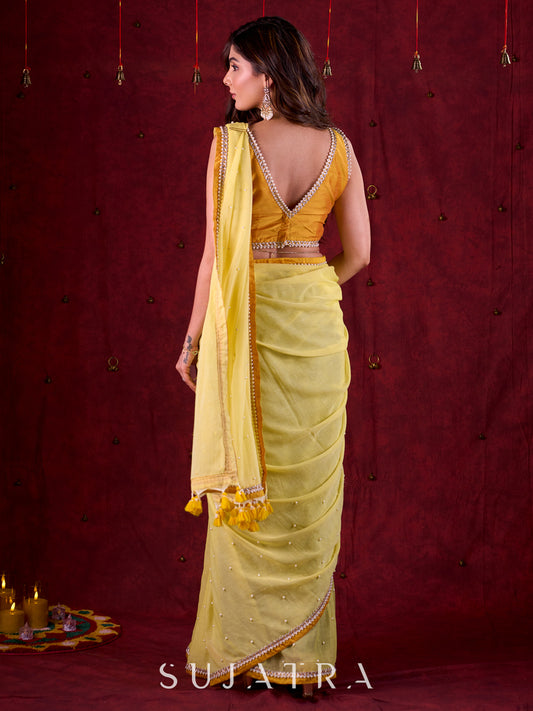 Minimalist Mustard Cotton Silk Sleeveless Blouse with Pearl Lace Accents