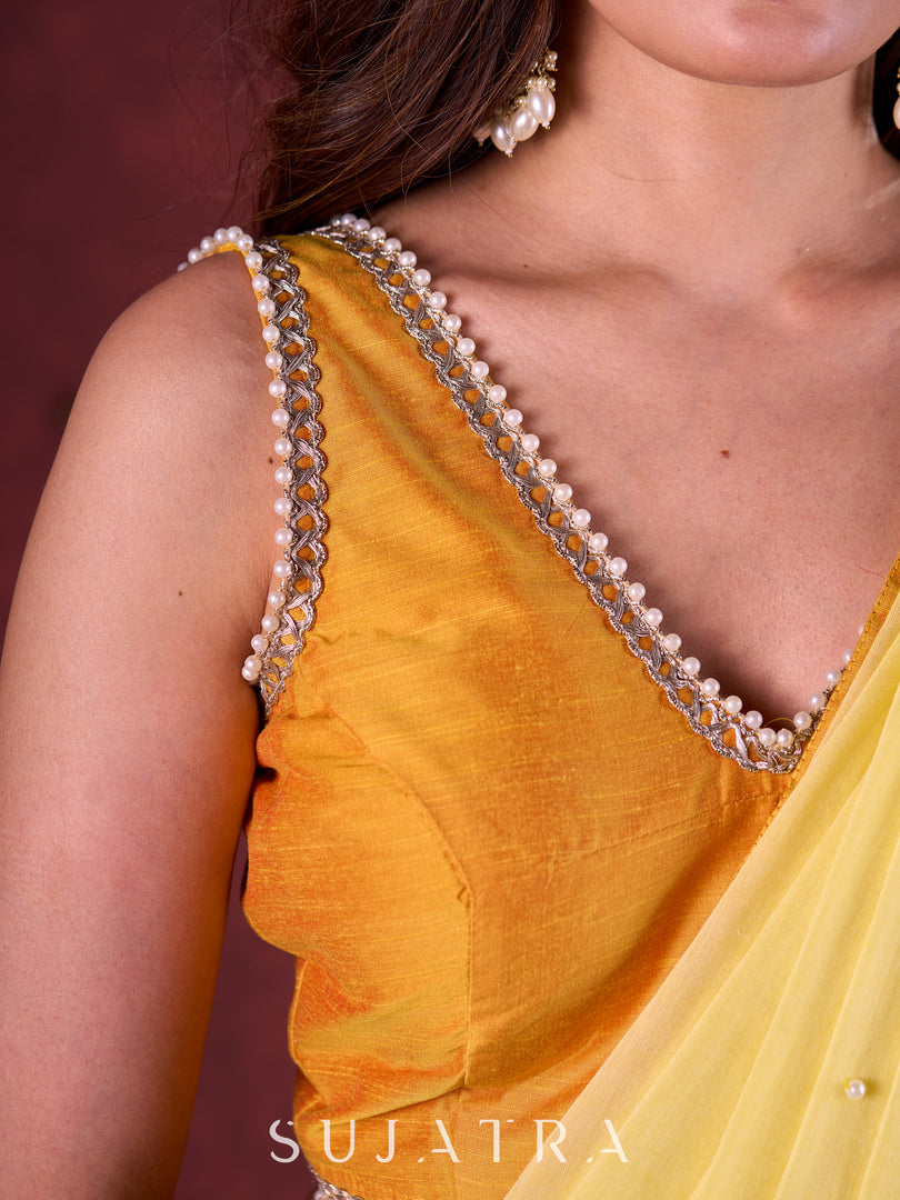 Light Yellow Mul Cotton Saree with Contrasting Mustard Border & Pearl Embroidered Pallu